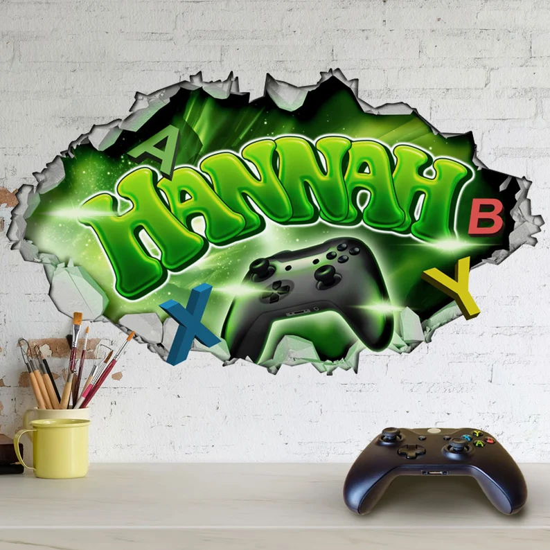 Personalised Large Sized 3D Cracked Wall Effect Gamer Wall Decal/Sticker